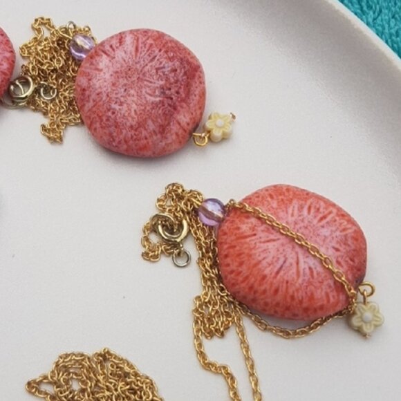 Patch & Roam pink fossilized coral pendant necklace with floral bead detail - Picture 1 of 9